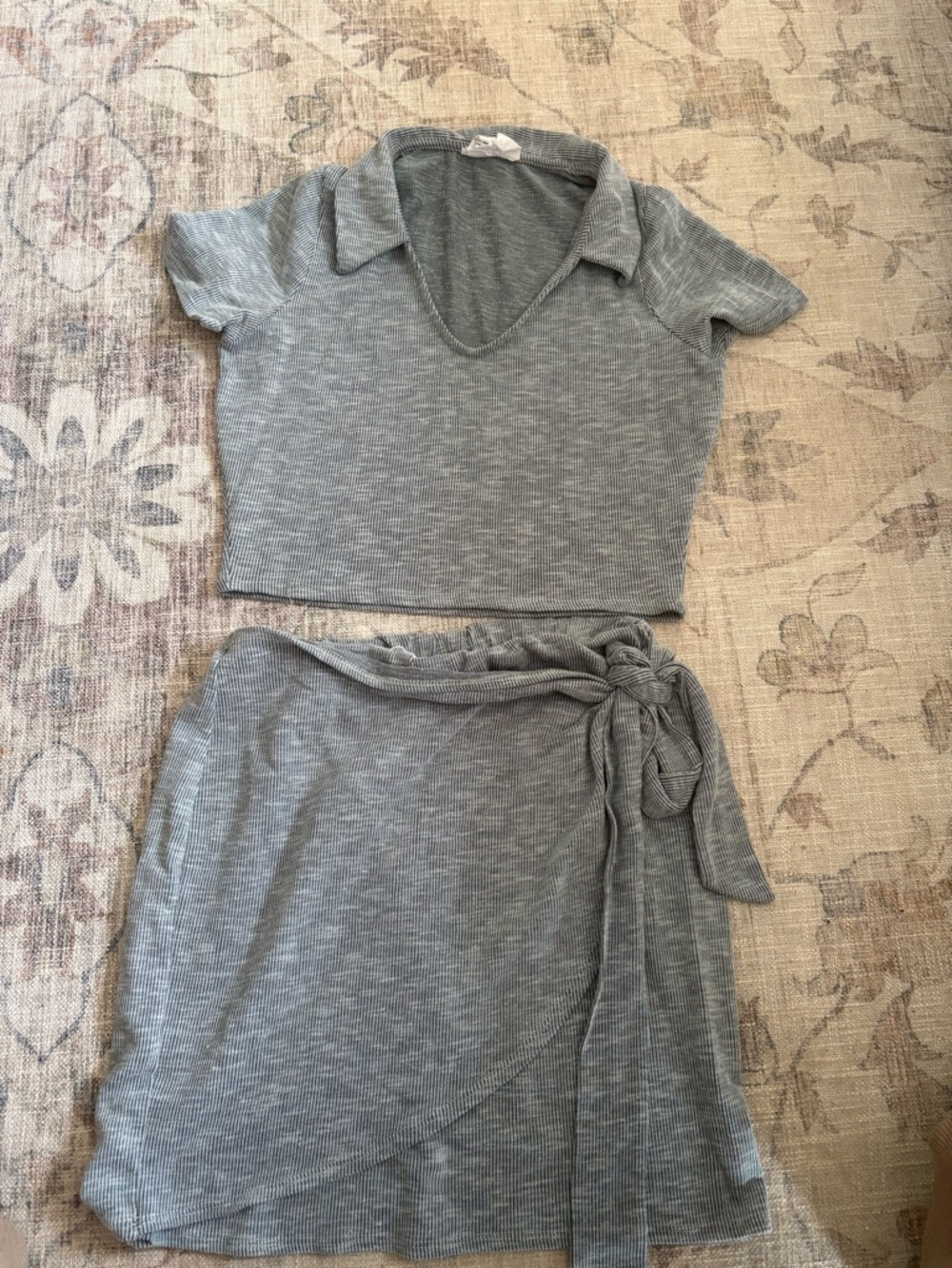 Slate Gray Two-Piece Ribbed Crop Top & Skirt Set